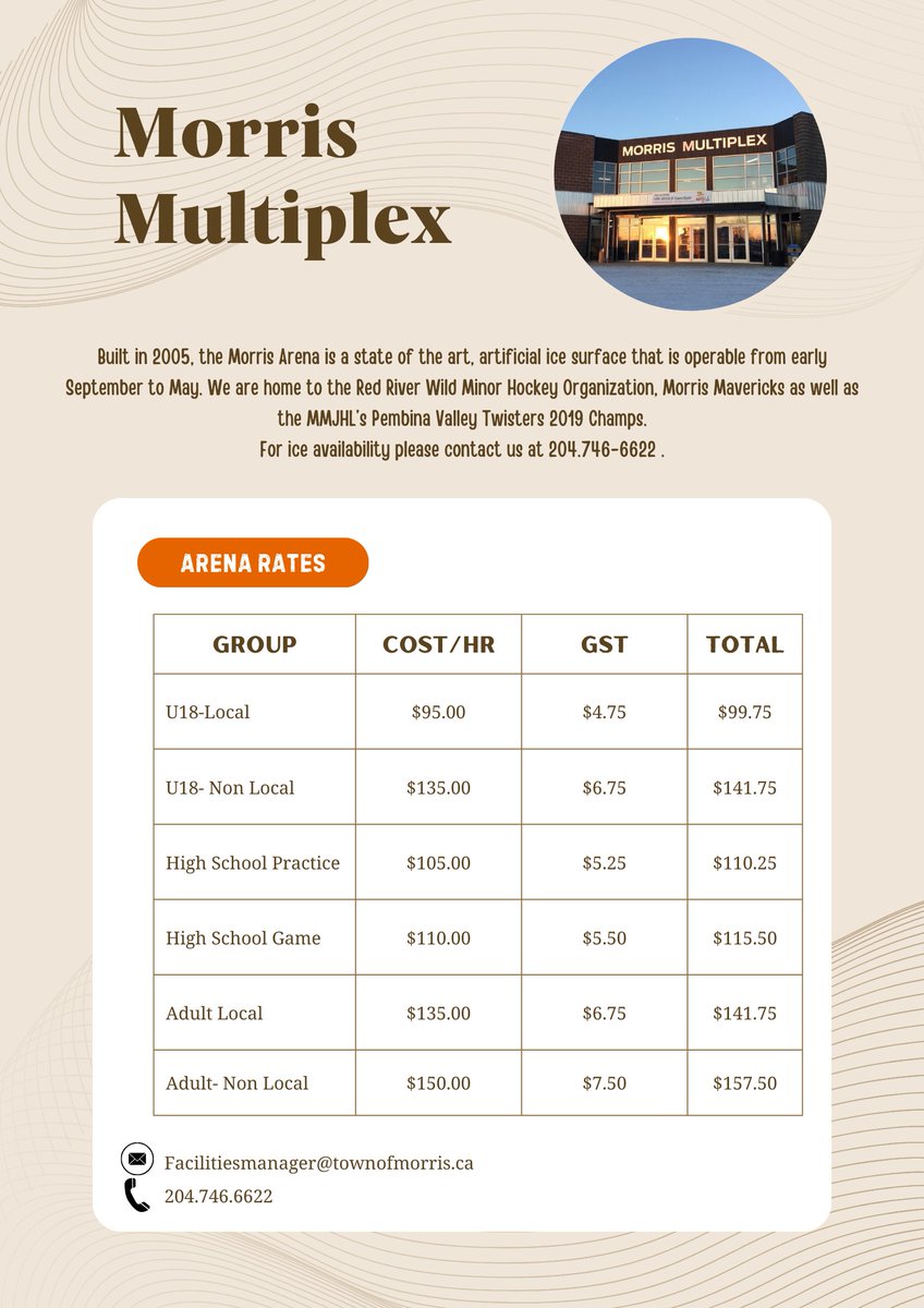 MorrisMultiPlex's tweet image. We have Ice Rental available this coming Saturday | January 13, 2024. To book please call at 204.746.6622 or email at facilitiesmanager@townofmorris.ca