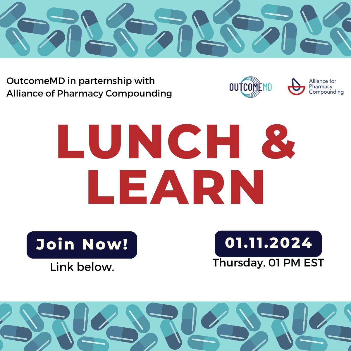 OutcomeMD's tweet photo. Happening this week! ✨

Join us in this month's Lunch &amp; Learn, in partnership with the Alliance for Pharmacy Compounding. Learn more about how you can elevate your patient's outcomes, and best practices for your pharmacy.  ❤️‍🩹 

Register now! ⭐
https://t.co/1Ze6MuXqVS https://t.co/ylGpCqmj7F