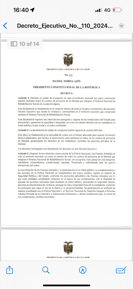 Decreto ejecutivo 110 ‼️declara estado de excepción en el territorio nacional, por 60 días, restringiendo la movilidad de 23:00 a 05:00 #Ecuador