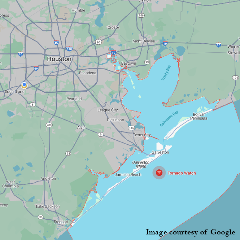 OMConstructHTX's tweet photo. A  tornado watch is in effect in many counties throughout the Houston area  until 9pm. Please defer to your local news for more information. Stay  safe out there folks! https://t.co/wugbH9rayX