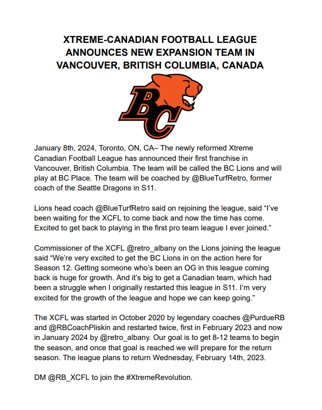The Xtreme-Canadian Football League has announced it's first franchise in Vancouver, British Columbia, Canada. The team will be coached by <a href="/BlueTurfRetro/">Retro Broncos 🏆🏆</a>.

DM us <a href="/RB_XCFL/">This is the XCFL</a> to join the #XtremeRevolution.