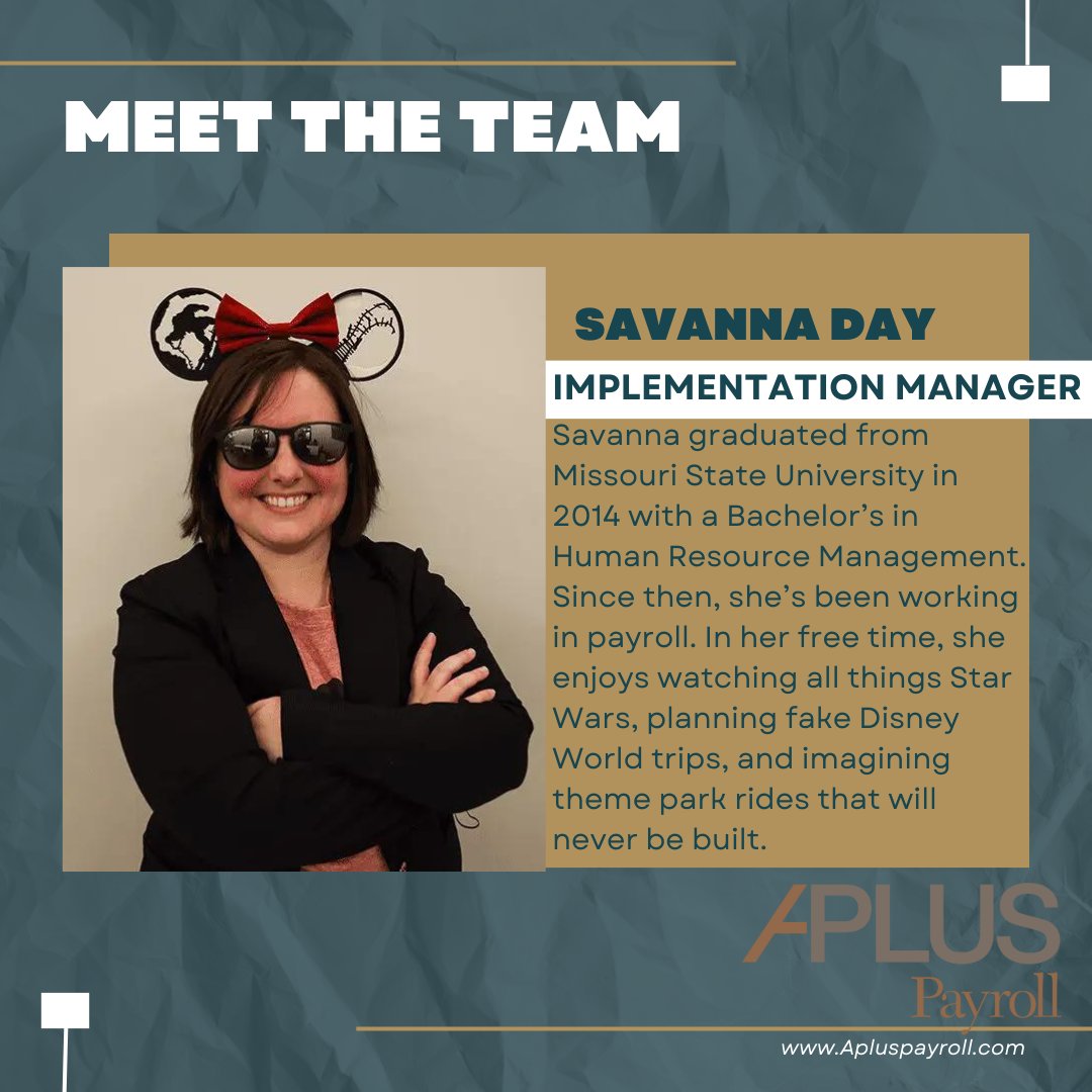 APlusPayroll's tweet image. Today on #MeetTheTeamMonday, we are shining a spotlight on one of the incredible members of our APlus Payroll family. 🤝 Say hello to Savannah! 👋

Read more about her here: hubs.ly/Q02fJdpl0

#MeetTheTeam #APlusPayroll #TeamSpotlight #MondayMotivation