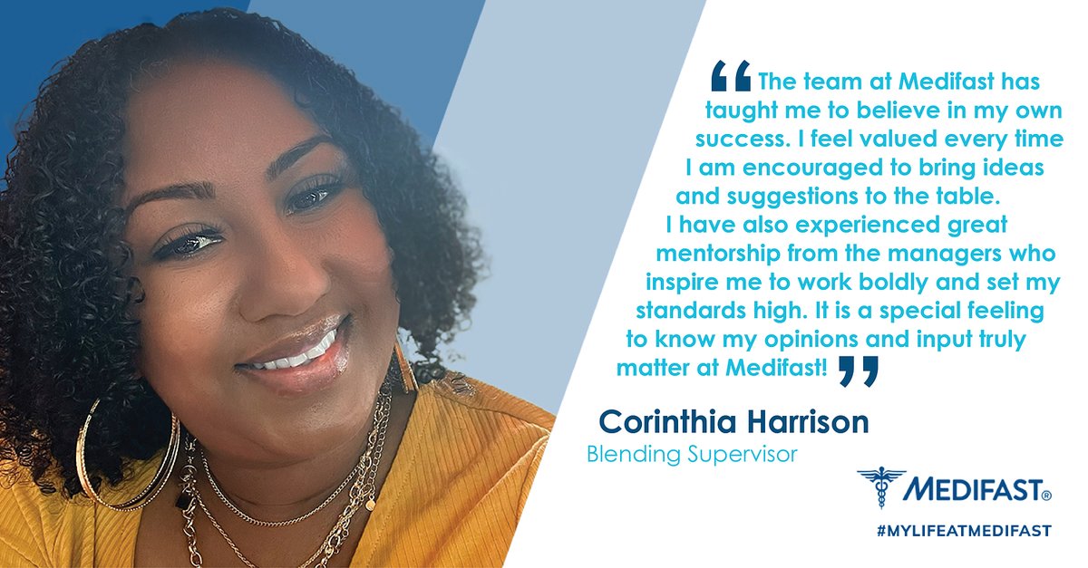 MedifastCareers's tweet image. Meet Corinthia Harrison, Blending Supervisor! She values the professional support she has received at Medifast. Interested in learning more about our open positions? Check out our careers site: bit.ly/4aIpHOl #optavia #MyLifeAtMedifast
