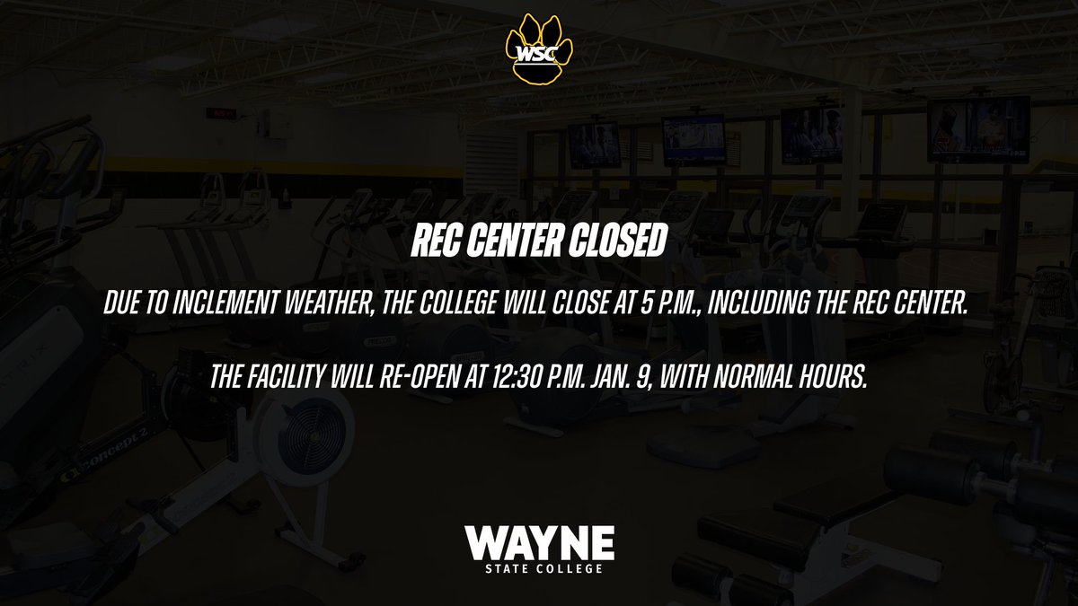 WSCRec's tweet photo. Rec Center will close today at 5:00pm due to the weather.  We will re-open tomorrow at 12:30pm. https://t.co/5wg86YyujD