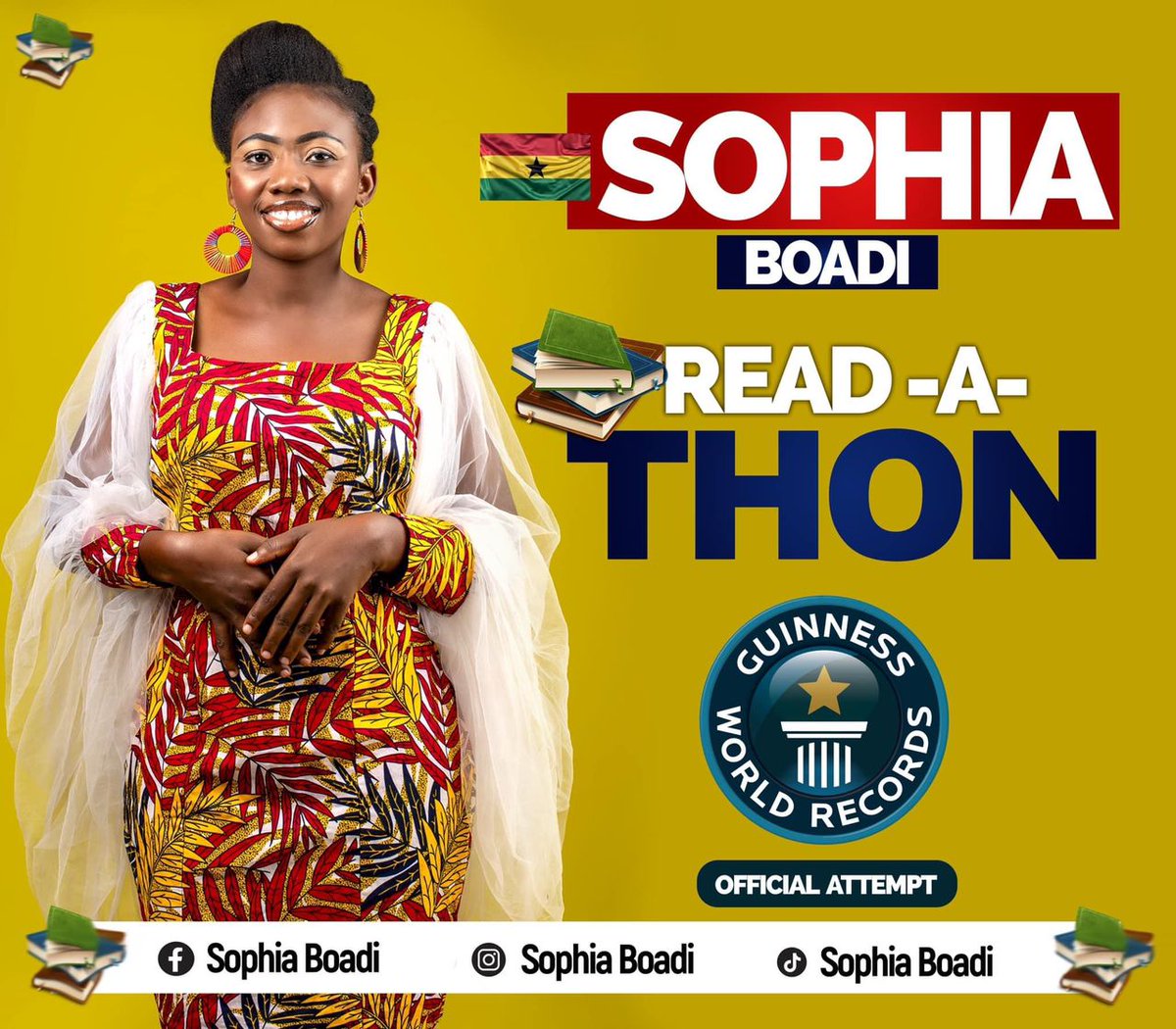 talk2desage's tweet photo. Embark on a literary journey with us as we rally behind Sophia Boadi, a visionary Ghanaian aiming to shatter the Guinness World Record in the Read Aloud Marathon. Let's unite to propel her to victory and elevate Ghana's literary prowess! 📚🌟 #ReadAloudRecord #SupportSophiaBoadi https://t.co/ZjnLbLA1S1