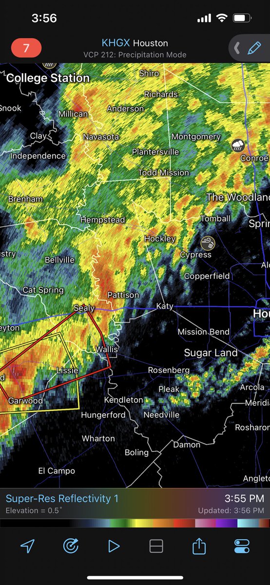TexasHailer's tweet photo. There is now currently a tornado warning just south of I-10 moving NE at 35 MPH. Keep in mind this is RADAR INDICATED, meaning there is no known tornado, but a possibility there is one. #txwx https://t.co/Bl5tWpctce