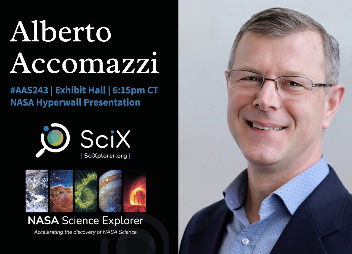 Happening soon (6:15pm) at the #AAS243 @NASA Hyperwall stage in the exhibit hall! Hear from our Principal Investigator, Alberto Accomazzi, about the @adsabs expansion and #SciXLaunch!