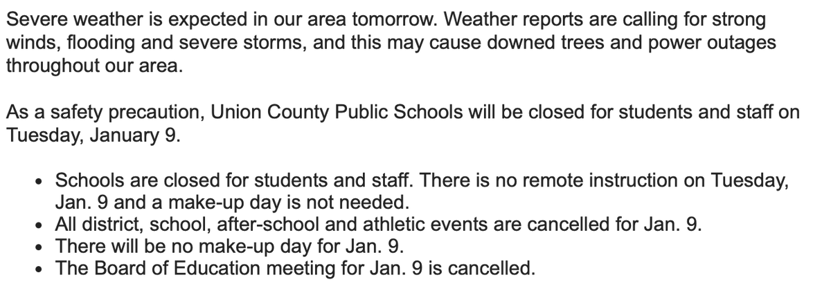 (1/2) Severe weather is expected in our area tomorrow. Weather reports are calling for strong winds, flooding & severe storms & this may cause downed trees & power outages throughout our area. As a safety precaution, #UCPS will be closed for students & staff on Jan. 9 @AGHoulihan