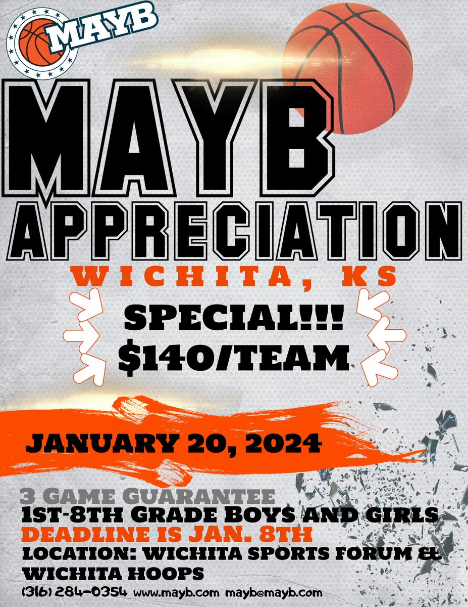 🏀🎉 Join us for the MAYB Appreciation Tournament in Wichita on Jan. 20th! 🙌 Score your spot at the discounted $140 rate – act fast, spots are filling up! Register at mayb.com or call 316-284-0354. Let's hoop it up together! 🏀🎉