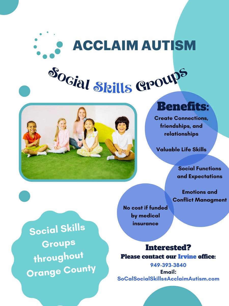 ARE YOU LOOKING FOR A SOCIAL SKILLS GROUP IN ORANGE COUNTY? Look no further! Acclaim Autism offers Socials Skills Group for all age ranges alongside our ABA services at our various locations. So if you're interested CLICK THE LINK BELOW! #acclaimautism loom.ly/-ugugzM