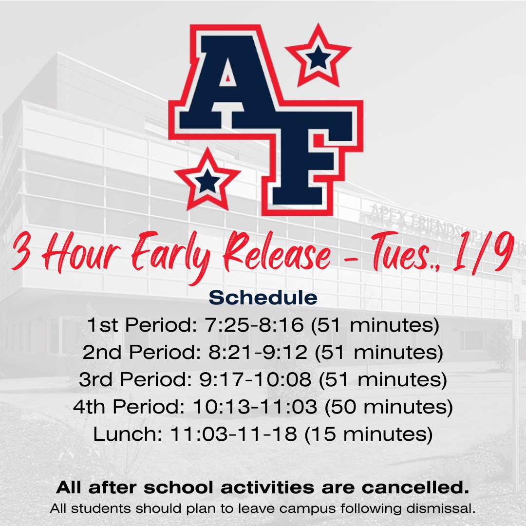 AFHSannounce's tweet image. AFHS Schedule for Tuesday, January 9.