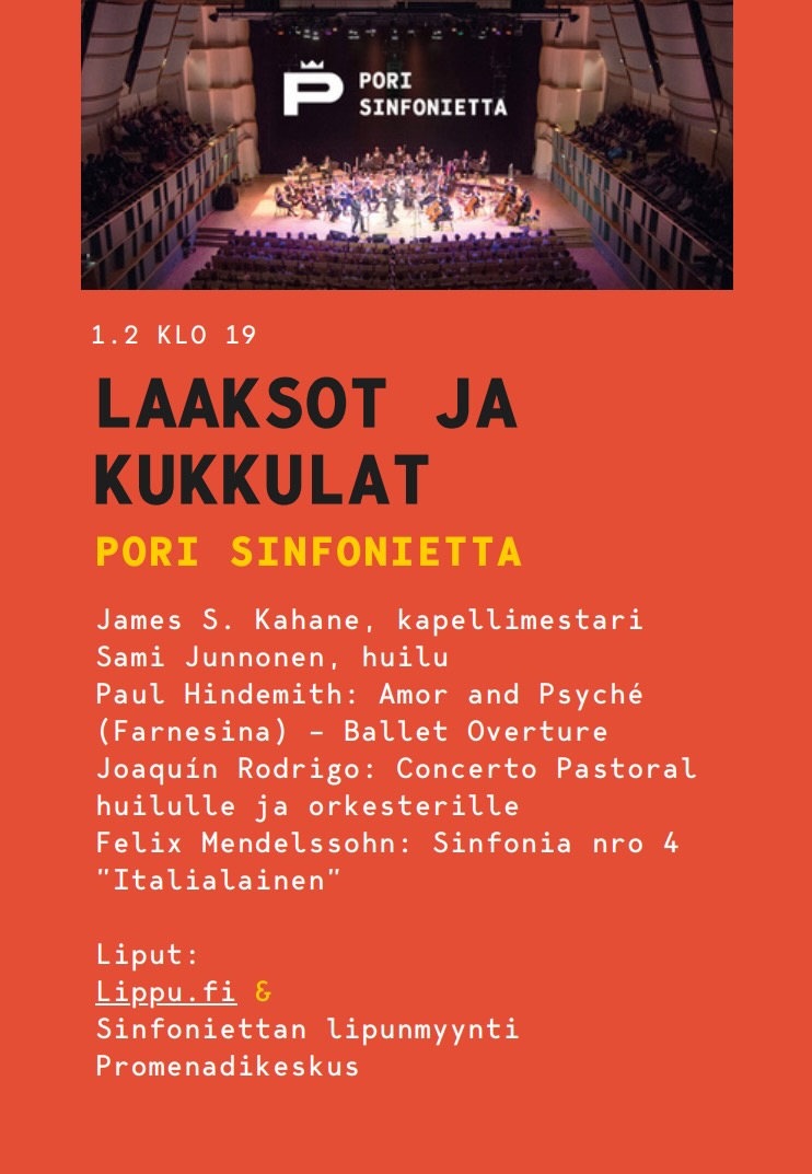 Tervetuloa Pori Sinfoniettan kevätkauden ensimmäiseen sinfoniakonserttiin 1.2.2024 klo 19. Paikkana on akustisesti upea Promenadisali. sinfonietta.pori.fi