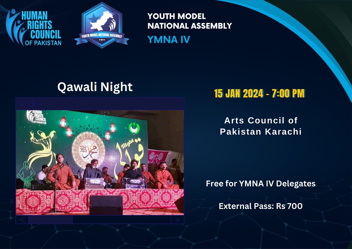 ymnapk's tweet photo. Get ready for a night of soulful melodies at the Youth Model National Assembly - YMNA IV Qawali Night!
Secure your spot now: https://t.co/50RgcXHhbn
#YMNAIV #QawaliNight #HarmonyInTunes #RegisterNow #hrc_pakistan #ymna #mun #Elections2024 https://t.co/ikLLzdhIuq