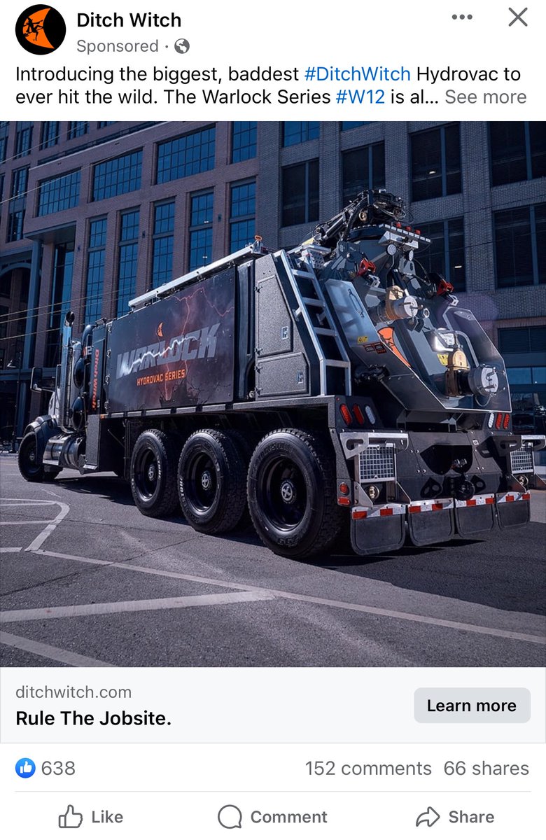 I don’t work construction, and barely even know what a hydrovac is, but this Facebook ad got me thinking I should probly invest in the new DitchWitch Warlock 🧙‍♂️ 🤔