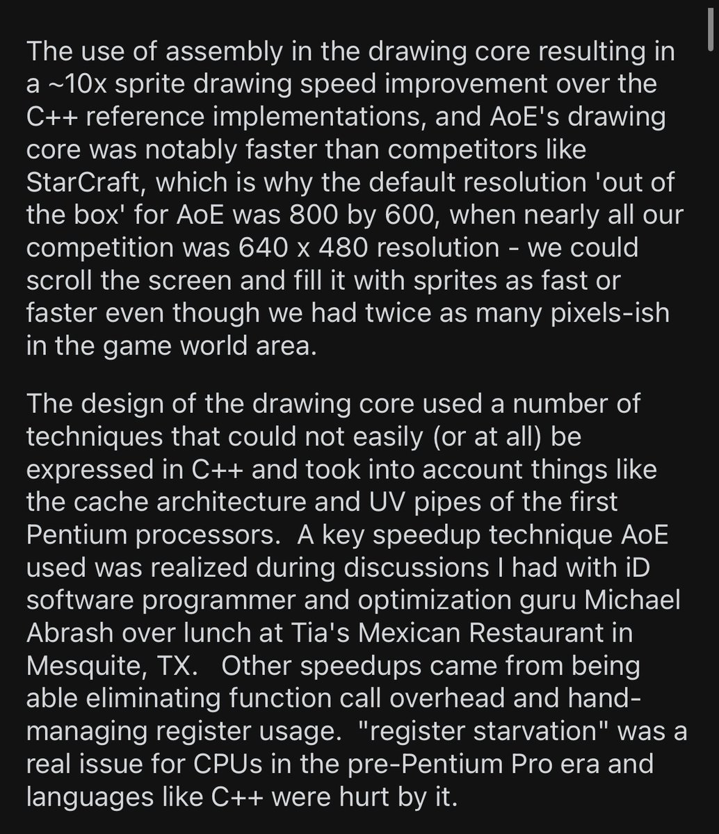 Age of Empires had ~13k lines of assembly mostly for rendering code instead of c/c++, and that helped making the default resolution 800x600 and still scroll as fast as StarCraft at 640x480.    reddit.com/r/aoe2/s/ICoTW… #gamedev