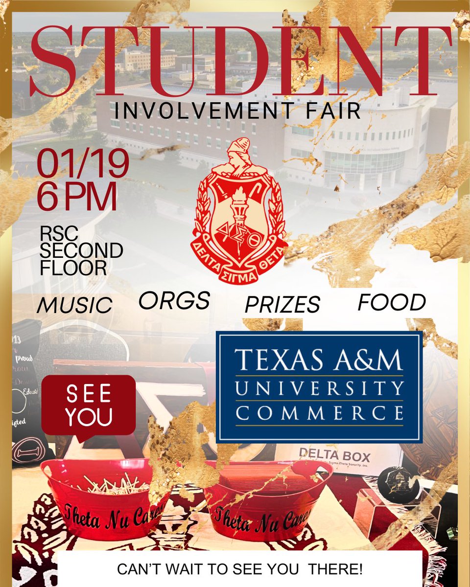 Student Involvement Fair is slowly approaching, come out and meet us while enjoying a great take off to the semester with Food, Music, Orgs, and Prizes!

- Go Lions 🦁 #TAMUC