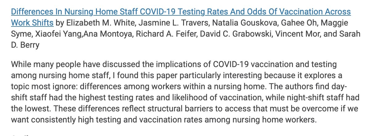 David Grabowski (@davidcgrabowski) on Twitter photo Great to see our paper on differences in nursing home staff COVID testing & vaccination rates across work shifts named by editor <a href="/Health_Affairs/">Health Affairs</a> as "top ten" paper for 2023. Led by @betsy_white25 with <a href="/JasT_PhD/">Jasmine Travers, PhD, RN, AGPCNP-BC</a> <a href="/maggie__mai/">Maggie S</a> <a href="/richfeifer/">Rich Feifer</a> <a href="/themoruknow/">Vince Mor</a> et al.
healthaffairs.org/content/forefr… Great to see our paper on differences in nursing home staff COVID testing & vaccination rates across work shifts named by editor <a href="/Health_Affairs/">Health Affairs</a> as "top ten" paper for 2023. Led by @betsy_white25 with <a href="/JasT_PhD/">Jasmine Travers, PhD, RN, AGPCNP-BC</a> <a href="/maggie__mai/">Maggie S</a> <a href="/richfeifer/">Rich Feifer</a> <a href="/themoruknow/">Vince Mor</a> et al.
healthaffairs.org/content/forefr…