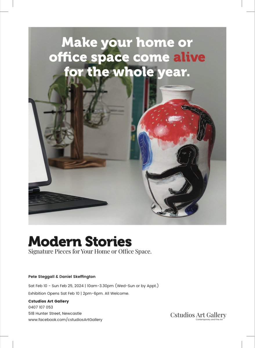 Modern Stories at Cstudios Gallery, Newcastle
 Opens 10th February 2024 
2pm - 6pm
Cstudios Gallery at 518 Hunter Street, Newcastle will feature two career ceramic artists, Pete Steggall and Daniel Skeffington, not featured in Newcastle until now.