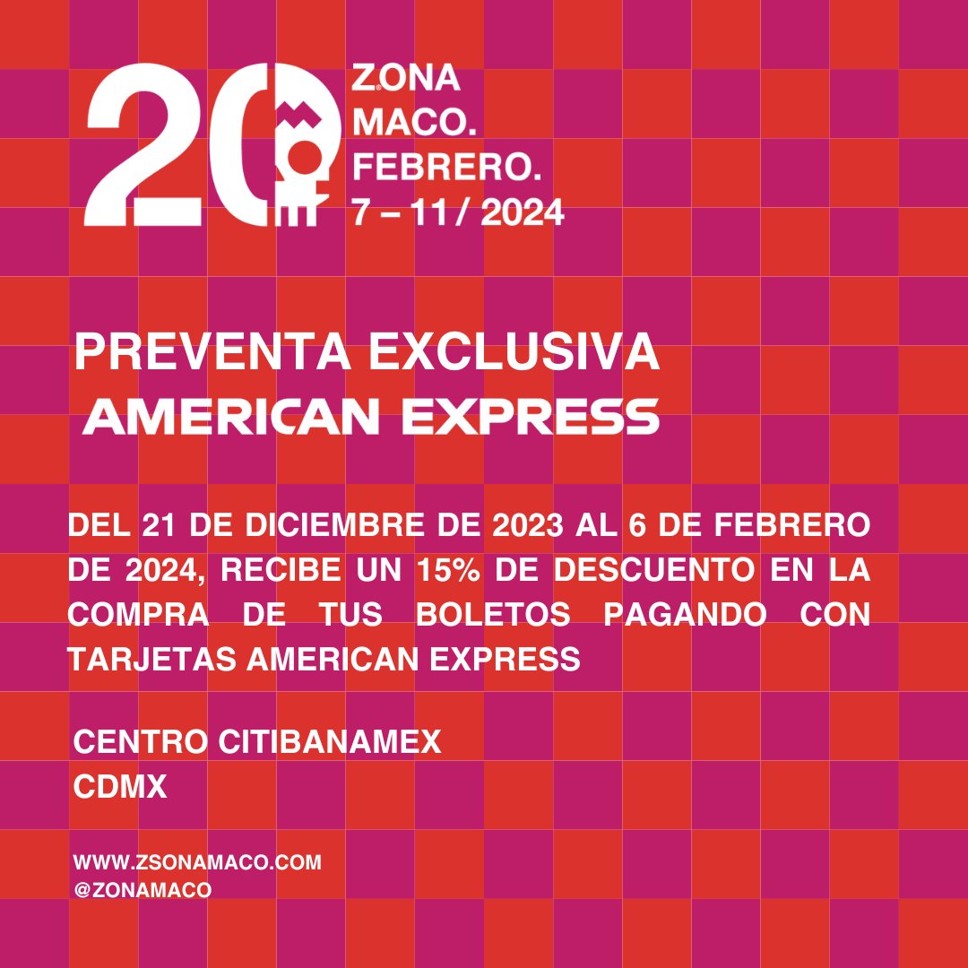 Asiste a #ZonaMaco, la feria de arte más importante en Latinoamérica.

¡Preventa American Express ya disponible! 🎟️ 👇🏽
mangopase.com/event/zsonamac…

👉🏽 Más de 200 expositores internacionales
📍Centro Citibanamex
🗓️ 7 al 11 de febrero
⭐️ 20 aniversario

#Arte #ZsonaMaco #FeriadeArte