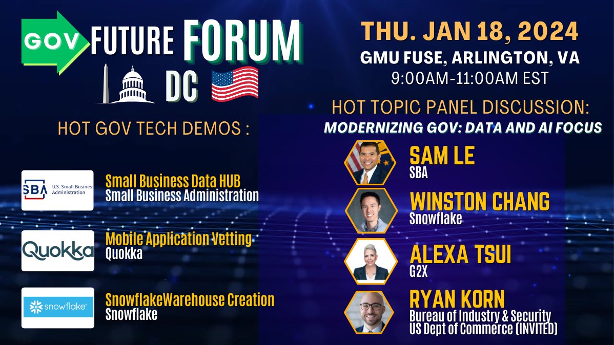 GovFuture Forum DC Thursday, January 18th featuring SBA, BIS (DOC), Snowflake, Quokka, and G2X from 9:00am - 11:00am (EST) Register: bit.ly/3NUVa6a