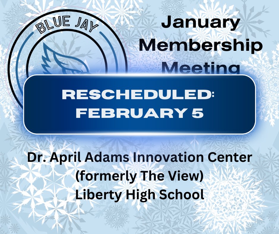 Tonight's membership meeting has been rescheduled for Monday, Feb. 5. Stay safe, Blue Jays!