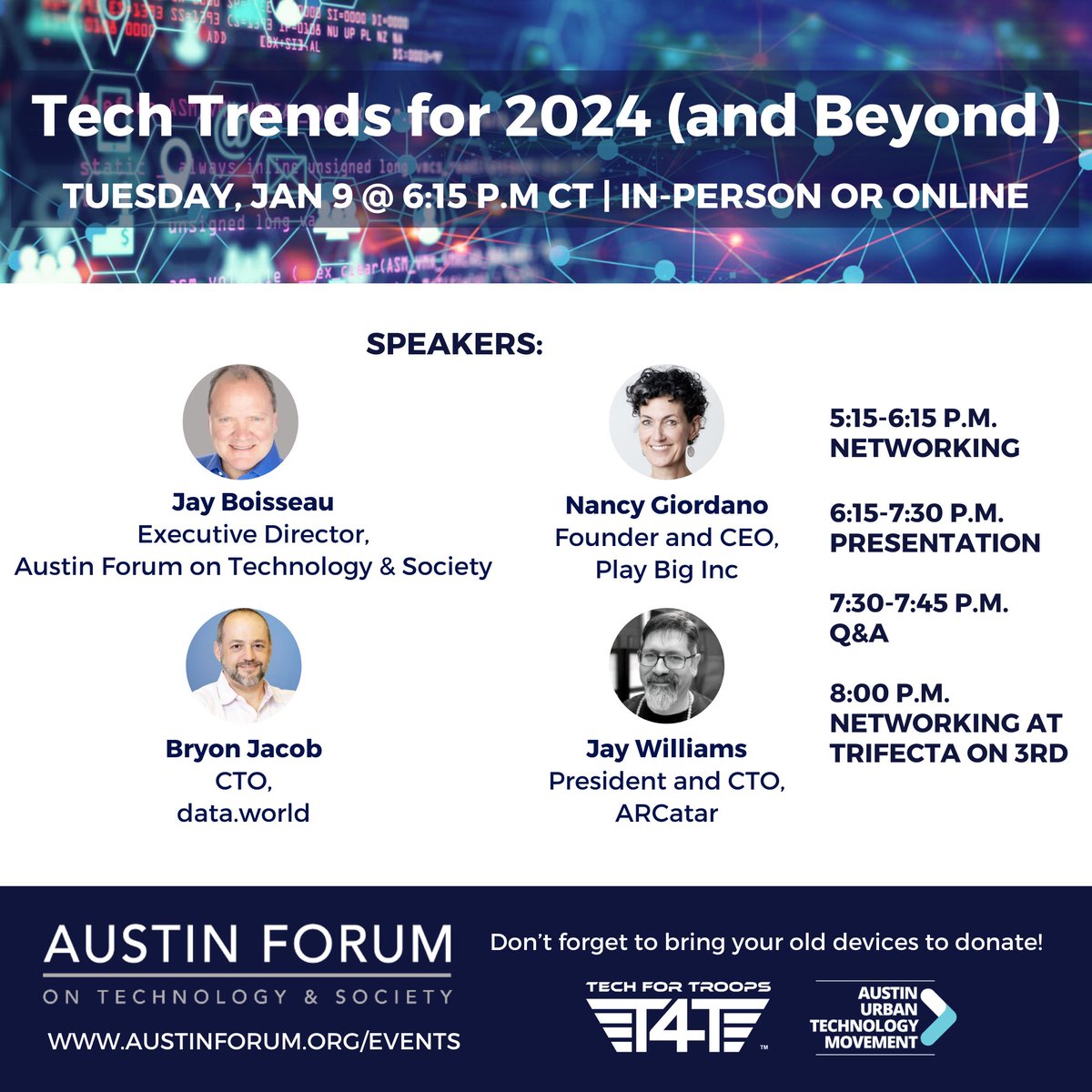 Join us tomorrow at 6:15 pm to connect, learn, and explore the future of technology at our popular annual event on emerging tech trends 🌐 Register for FREE and reserve your spot: austinforum.org/january-9-2024
