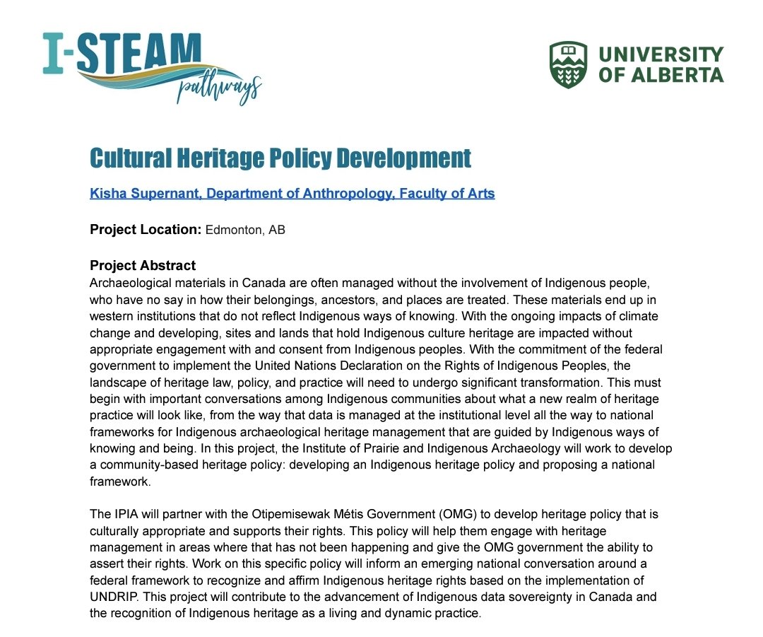 The IPIA has summer 2024 internship opportunities for Indigenous undergrad students, on two projects overseen by our director Dr. Kisha Supernant. For more information and applications (closing Jan 26), visit the I-STEAM Pathways website: isteam-pathways.ualberta.ca