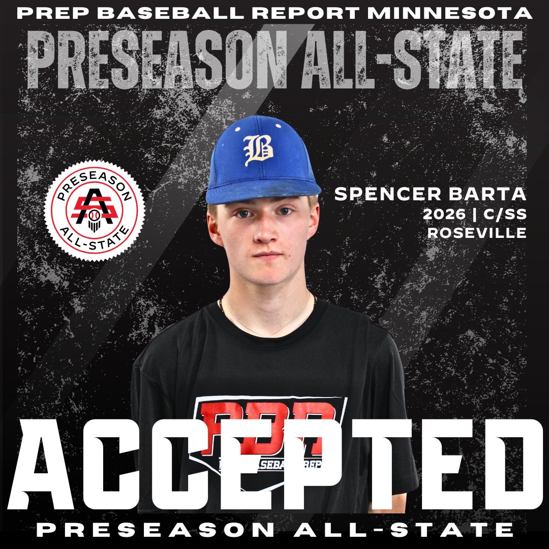𝟐𝟎𝟐𝟒 𝐌𝐍 𝐏𝐫𝐞𝐬𝐞𝐚𝐬𝐨𝐧 𝐀𝐥𝐥-𝐒𝐭𝐚𝐭𝐞

Spencer Barta  ➡️ 𝘐𝘯𝘷𝘪𝘵𝘦 𝘈𝘤𝘤𝘦𝘱𝘵𝘦𝘥

✖️: <a href="/SpencerBarta/">Spencer Barta</a>
⚾: C/SS
🎓: 2026
📚: Roseville
👥: <a href="/BlizzardBasebal/">Blizzard Baseball</a>

#MNPreseasonAS24

👤: loom.ly/PUNHX4Q