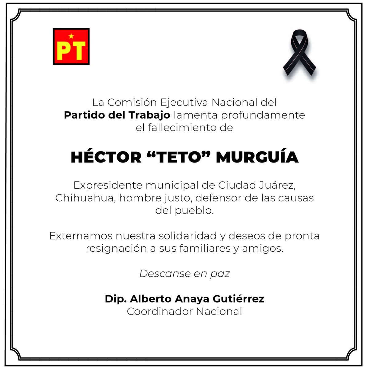 Lamento el fallecimiento de Héctor “Teto” Murguía, gran líder social de Ciudad Juárez, Chihuahua. Mi más sentido pésame a sus familiares y amigos.