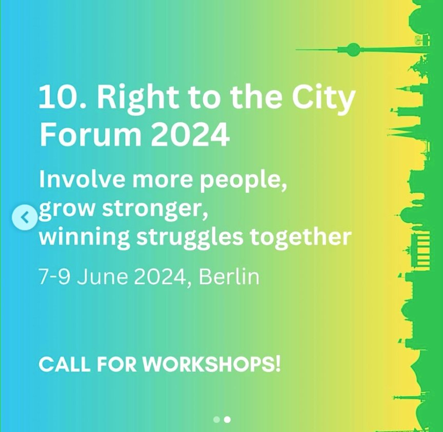 rechtaufstadtForum (english below)
Liebe Stadtaktivist:innen und alle die es werden wollen,
wir laden euch ❤️lich zum 10. Recht auf Stadt Forum nach Berlin ein. Vom 7. bis 9. Juni 2024 werden wir gemeinsam diskutieren, Erfahrungen austauschen und Pläne für die Zukunft schmieden.