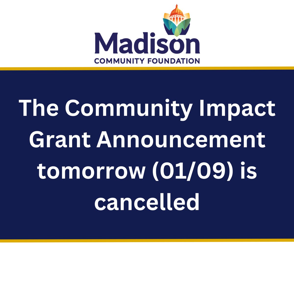 The MCF Community Impact Grant Announcement tomorrow is cancelled due to impending inclement weather. The full list of grants will be available on our website tomorrow afternoon!
