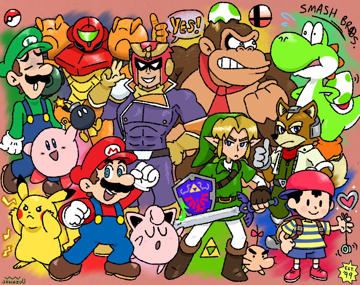 johnzu_'s tweet photo. Super Smash Bros. turns 25 this month so I drew the original roster 🔥 https://t.co/jmamhtNds4