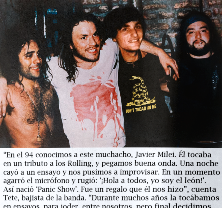 dibujites's tweet photo. Fragmento de la revista "Los Inrockuptibles", año 2002, donde los integrantes de la banda hablan de Javier Milei, y de cómo él es el verdadero compositor de "Panic Show". https://t.co/ueySpRRdgl