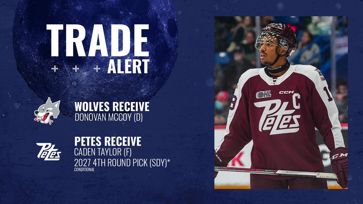 🚨TRADE ALERT🚨 The Wolves have acquired 19-year-old defenceman, Donovan McCoy from the Peterborough Petes in exchange for forward, Caden Taylor and a conditional fourth round draft pick in 2027. 📰: chl.ca/ohl-wolves/art… #WeAreWolves