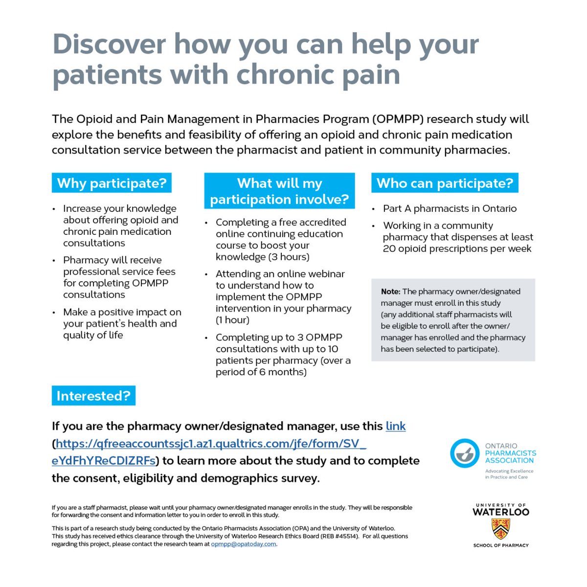 OPA is looking for Ontario pharmacy owners/designated managers to participate in a research study involving an opioid and chronic pain medication consultation intervention. To learn more, click on this link for eligibility and enrollment information: ow.ly/cy5E50QoZt6