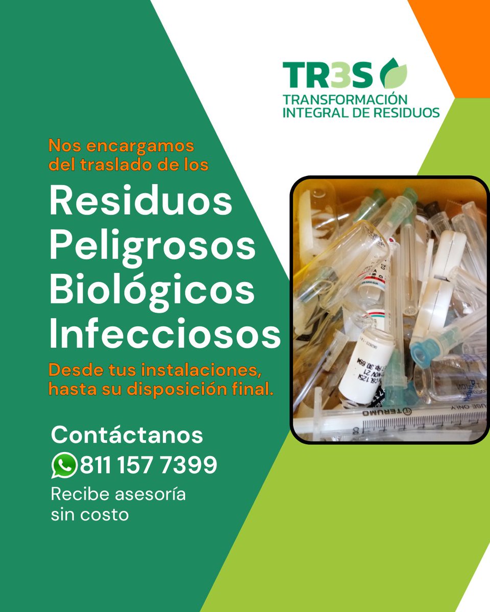 👨‍⚕️ En #TR3S, nos encargamos de la gestión integral de los Residuos Peligrosos Biológico Infecciosos de tu PYME.
Protege a tu personal y al medio ambiente.
Comunícate al 📲 811 157 7399.
#PYMESResponsables #RPBI ♻️
#Tr3sResiduos