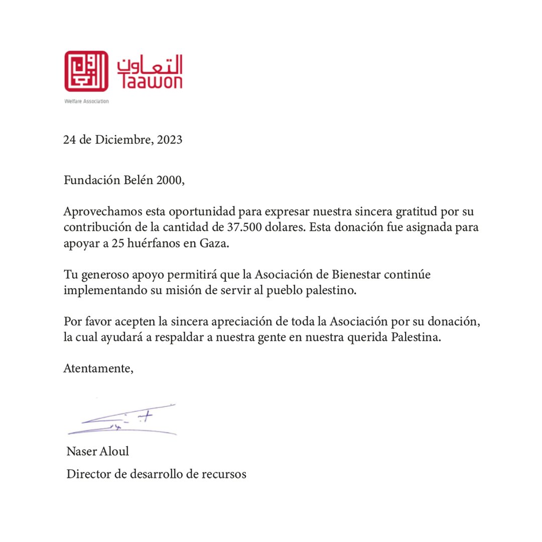 Gracias a tu aporte, logramos recaudar 💸USD 37,500 que serán destinados a 25 niños huérfanos en Gaza para que reciban educación, ayuda psicológica y médica, salud y alimentación. 🇵🇸🩺📚

Este proyecto será implementado con nuestros socios en terreno: TAAWON.