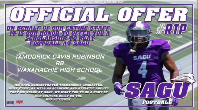 After talking with <a href="/CoachP2827/">Kevin Pointer</a> I am blessed to say I’ve received a scholarship offer from @SAGU_Football 💜<a href="/CoachDT_TFB/">DT</a> <a href="/Tolleson20/">Coach Tolly 2️⃣0️⃣🇺🇸</a> <a href="/CoachJRWilliams/">Lawrence Williams</a>