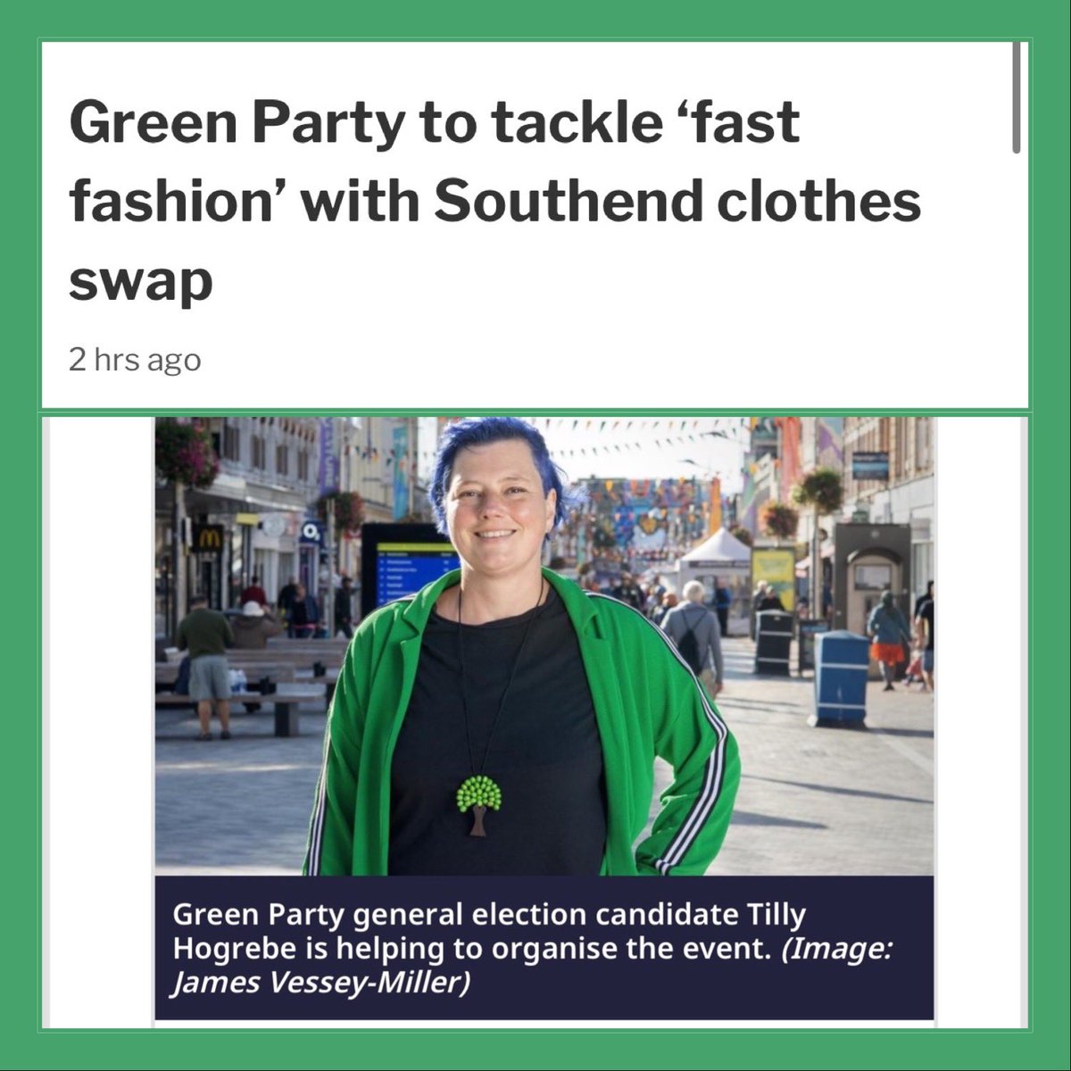 Our General Election candidate for #SouthendWestAndLeigh, #TillyHogrebe  is in today’s @Essex_Echo promoting our upcoming #swishing event. 💚

Join us on 27th Jan, 2-5, at St Mark’s Southend!