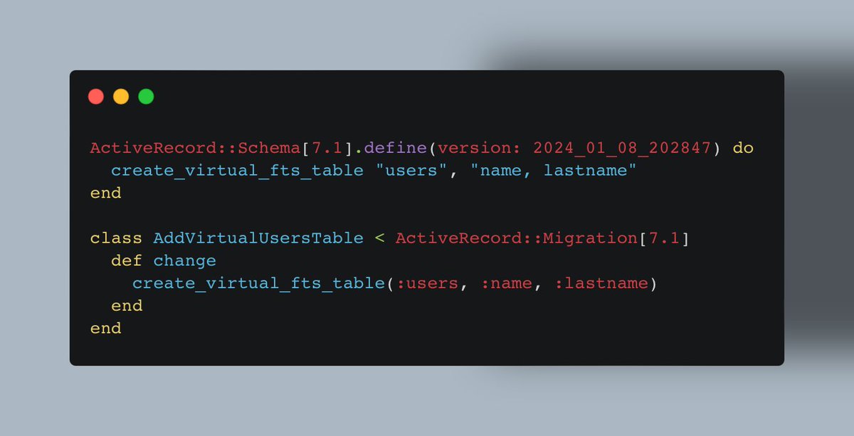 It's still an early prototype and it's all SQLite FTS specific, but I got the following to work with the Rails schema.rb format:
