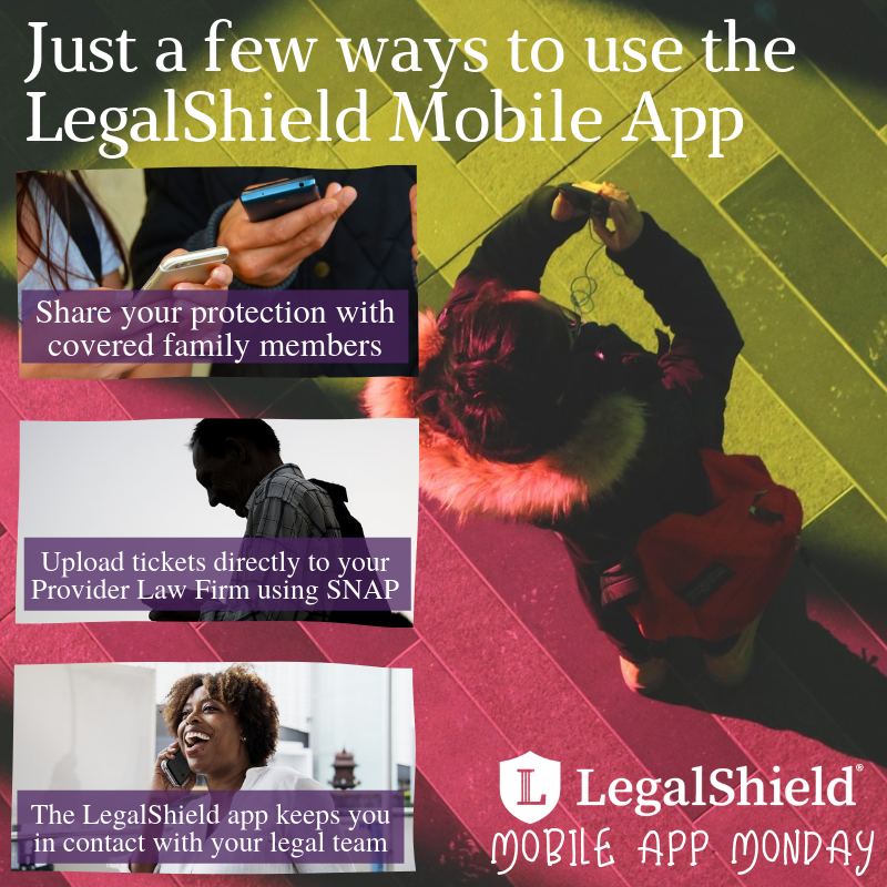 Just a few ways to use the #LegalShield #MobileApp . Share your protection with covered family members. Upload tickets directly to your Provider Law Firm using SNAP. The LegalShield app keeps you in contact with your legal team. Go to starship.wearelegalshield.com