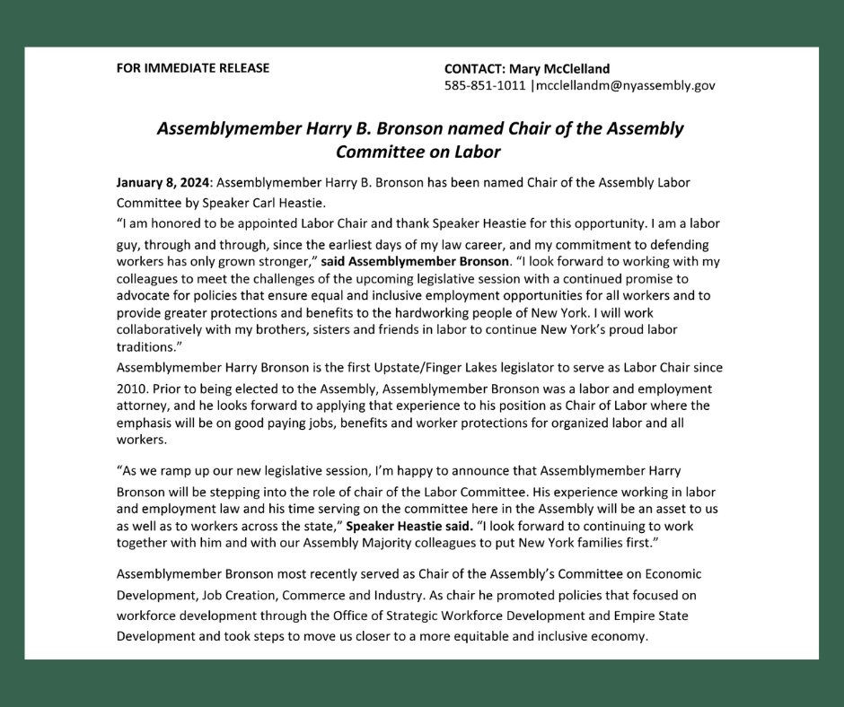 HarryBBronson's tweet photo. I am honored to be appointed Labor Chair and thank Speaker @CarlHeastie  for this opportunity. I am a labor guy, through and through, since the earliest days of my law career, and my commitment to defending workers has only grown stronger. 

1/3 https://t.co/iEkKKVoqo5