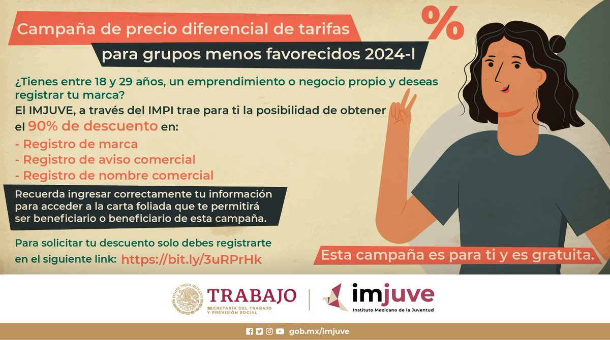 ➡️¿Tienes entre 18 y 29 años, un emprendimiento, negocio o deseas registrar tu marca?
Inscríbete a la “Campaña de Descuento IMPI- IMJUVE 2024-I”
 
Para solicitar tu descuento revisa el siguiente link:
 
🔗bit.ly/3uRPrHk
 
⚠️ Tienes hasta el 22 de enero