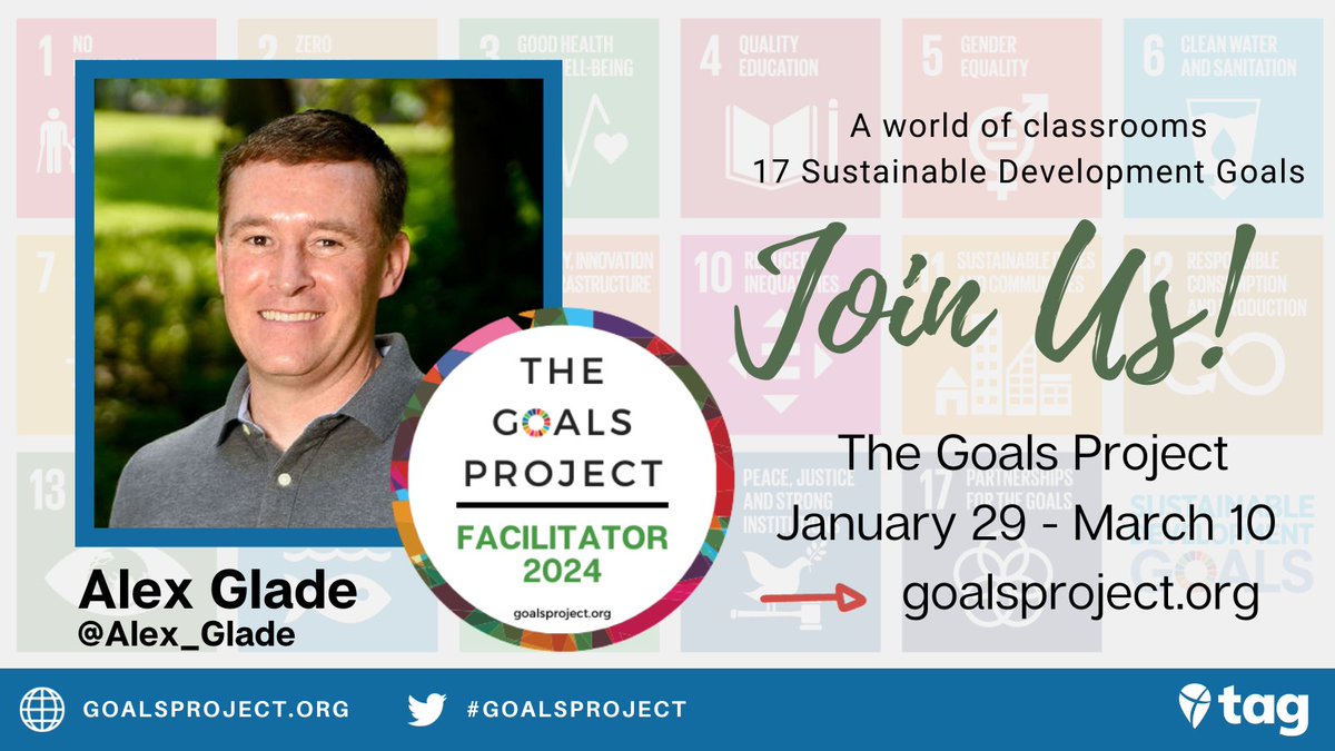 Alex_Glade's tweet photo. I'm honored to join the 2024 #GoalsProject as a Facilitator! I'm excited to work with a team of global classrooms to learn more about the #SDGs! 

🚩Global Goals
💡Inquiry, collaboration, shared experience
👍Join us --> https://t.co/cxz1Pwaziw https://t.co/vOaeS6N4np