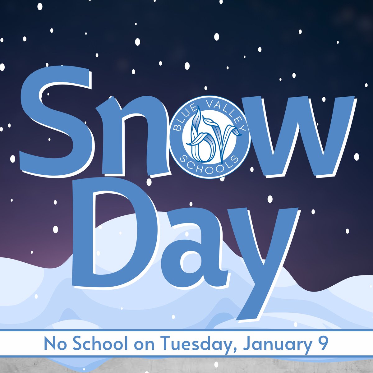 Due to adverse weather conditions, all schools in the Blue Valley School District will be closed on Tuesday, January 9. ❄🗓

Additional information about Blue Valley’s inclement weather procedures can be found at bluevalleyk12.org/inclementweath…. Be safe and stay warm!