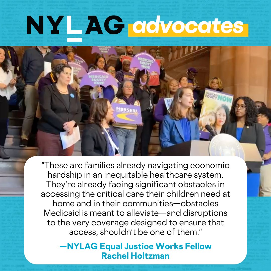 NYLAG Equal Justice Works Fellow Rachel Holtzman joined @SenatorBrouk, @votejgr, and fellow advocates today in support of New York providing continual Medicaid coverage for children from birth to age 6. 📺 WATCH: facebook.com/watch/?v=10348…