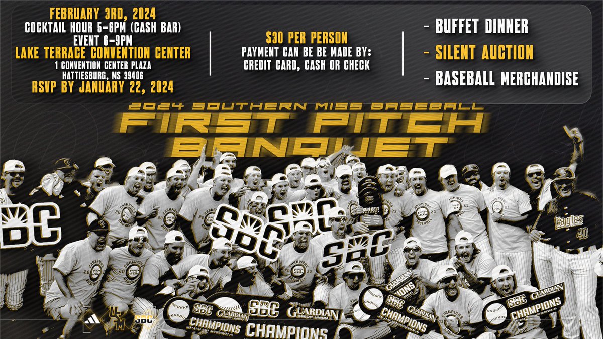 Our First Pitch Banquet is BACK! RSVP using the link below. You can purchase tickets online through your Southern Miss Tickets account or in person at the Southern Miss Baseball offices. 🗞: southernmiss.com/news/2024/1/8/… #EverythingMatters | #SMTTT