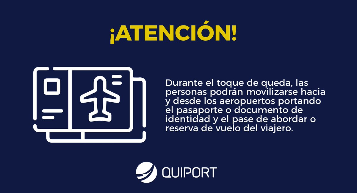 ⚠️Ante el toque de queda dispuesto por el Gobierno Nacional, entre las 23:00 y las 05:00, informamos a los pasajeros del #AeropuertoUIO que pueden trasladarse desde y hacia el aeropuerto portando su pasaporte o documento de identidad y el pase de abordar o reserva de vuelo.