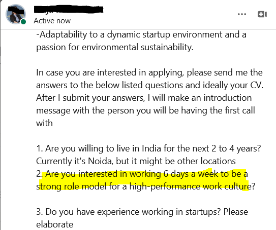 Today I was contacted by a recruiter from Liquid Trees Biotech - a startup that believes it's reasonable to ask employees to work a 6-day work week to set the bar for a 'high-performance work culture'. Speechless... #worklifebalance