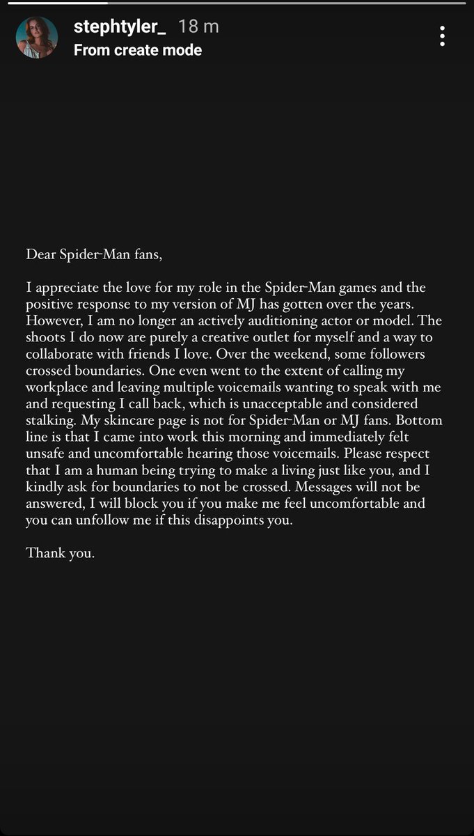 Stephanie Tyler Jones calls out creepy #SpiderMan fans She was the face model for Mary Jane in the Insomniac games 'I appreciate the love for my role in the Spider-Man games ... Over the weekend, some followers crossed boundaries. One even went to the extent of calling my